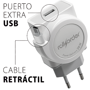 CARGADOR ULTRA RAPIDO 20W ENROLLABLE PARA IPHONE 14 Y ANTERIORES LIGHTNING