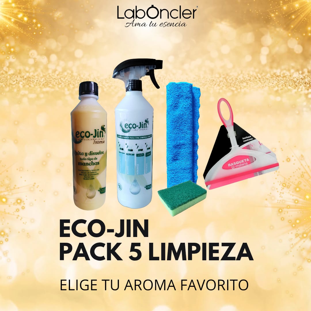 PACK 5 Limpieza ECOJIN+DIFUSOR+RASQUETA LIMPIA CRISTALES+BAYETA MICROFIBRA+ESTROPAJO CON ESPONJA