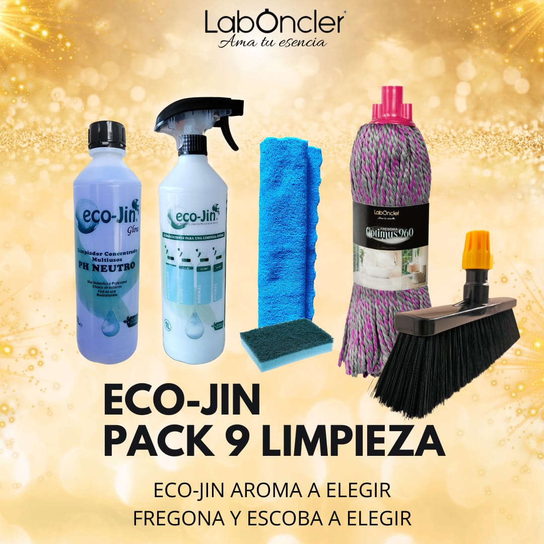 PACK 9 LIMPIEZA ECO-JIN (ELEGIR)+DIFUSOR+FREGONA (ELEGIR)+ESCOBA (ELEGIR)+BAYETA MICROFIBRA+ESTOPAJO CON ESPONJA