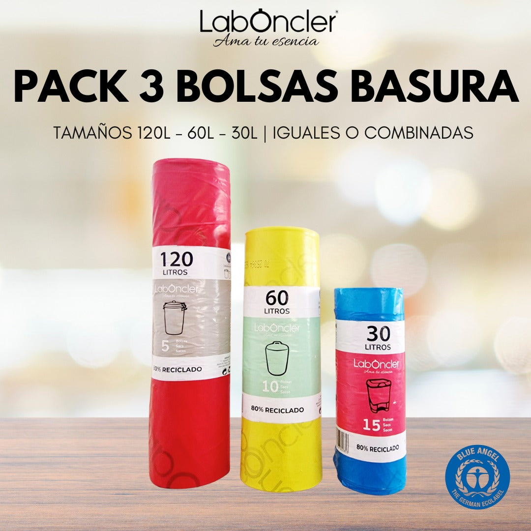 PACK 3 BOLSAS DE BASURA | TAMAÑOS 120L 60L 30L | IGUALES O COMBINADAS | ANTIBACTERIANAS Y ULTRARESISTENTES