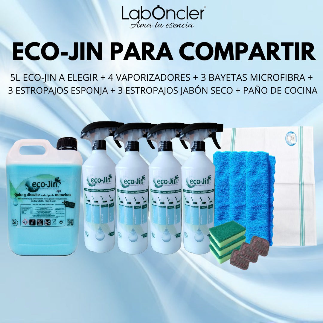 ECO-JIN PARA COMPARTIR (5L ECO-JIN A ELEGIR + 4 VAPORIZADORES + 3 BAYETAS MICROFIBRA + 3 ESTROPAJOS ESPONJA + 3 ESTROPAJOS JABÓN SECO + NUEVO PAÑO DE COCINA)