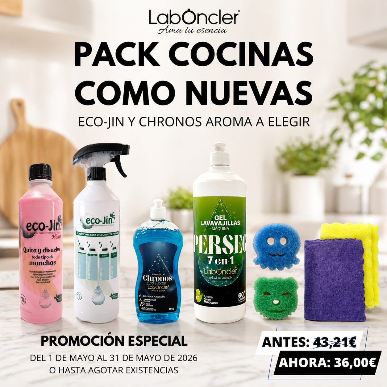 Pack Cocinas Como Nuevas: Eco-Jin a Elegir + Difusor + Chronos a elegir + Perseo + 2 Scrub Pet + 2 Bayetas Microfibra