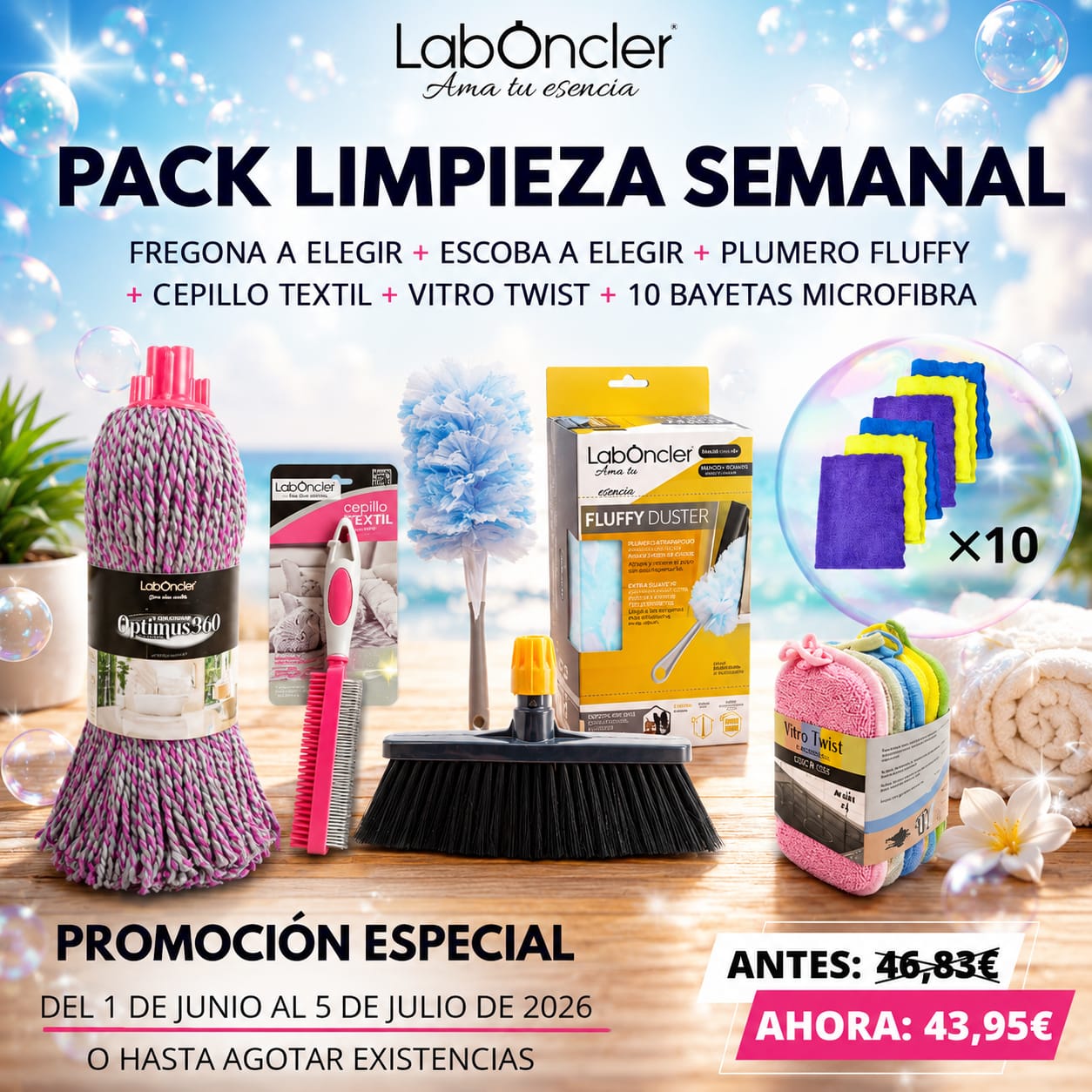 PACK LIMPIEZA SEMANAL: FREGONA A ELEGIR + ESCOBA A ELEGIR + PLUMERO FLUFFY + CEPILLO TEXTIL + VITRO TWIST + 10 BAYETAS MICROFIBRA