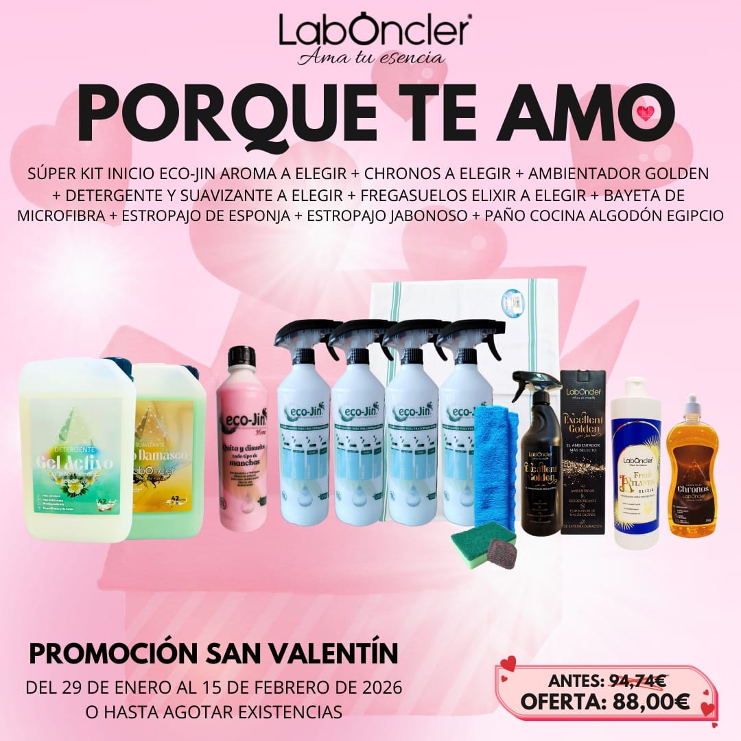 PACK SAN VALENTÍN - TE AMO | SUPER KIT INICIO ECO-JIN A ELEGIR + CHRONOS + AMBIENTADOR GOLDEN + DETERGENTE Y SUAVIZANTE + ELIXIR + BAYETA + ESTROPAJOS + PAÑO DE COCINA