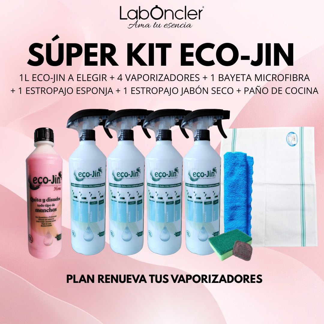SUPER KIT ECO-JIN: EJ 1L A ELEGIR + 4 DIFUSORES + BAYETA MICROFIBRA + ESTROPAJO CON ESPONJA + ESTROPAJO JABON SECO + ¡NUEVO PAÑO DE COCINA INCLUIDO!