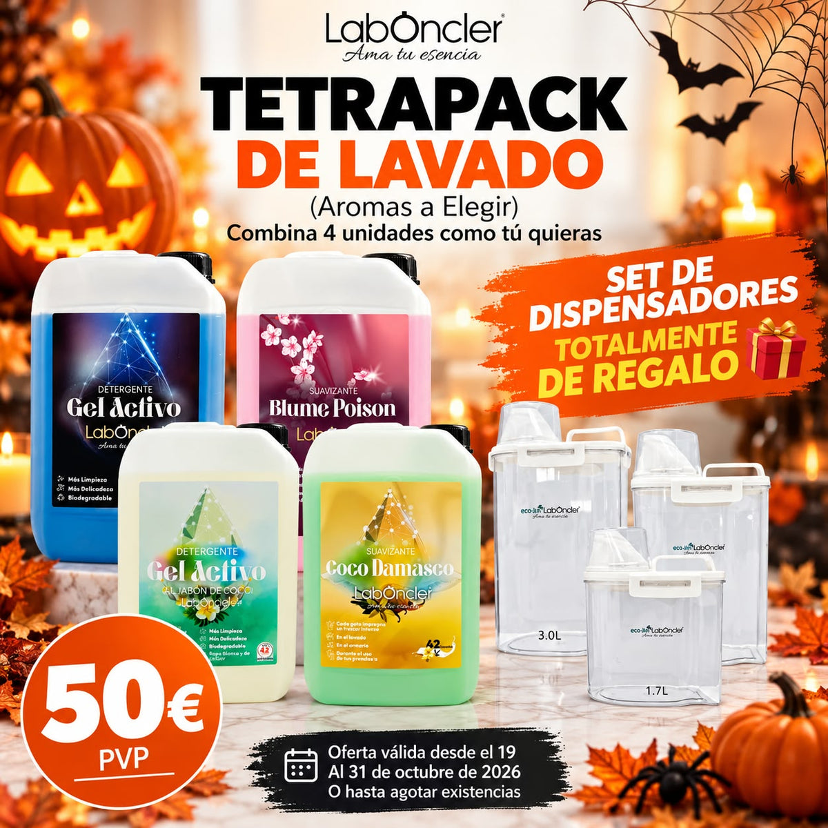 🎃 HALLOWEEN LABONCLER: TETRAPACK DE LAVADO + SET DISPENSADORES DE REGALO