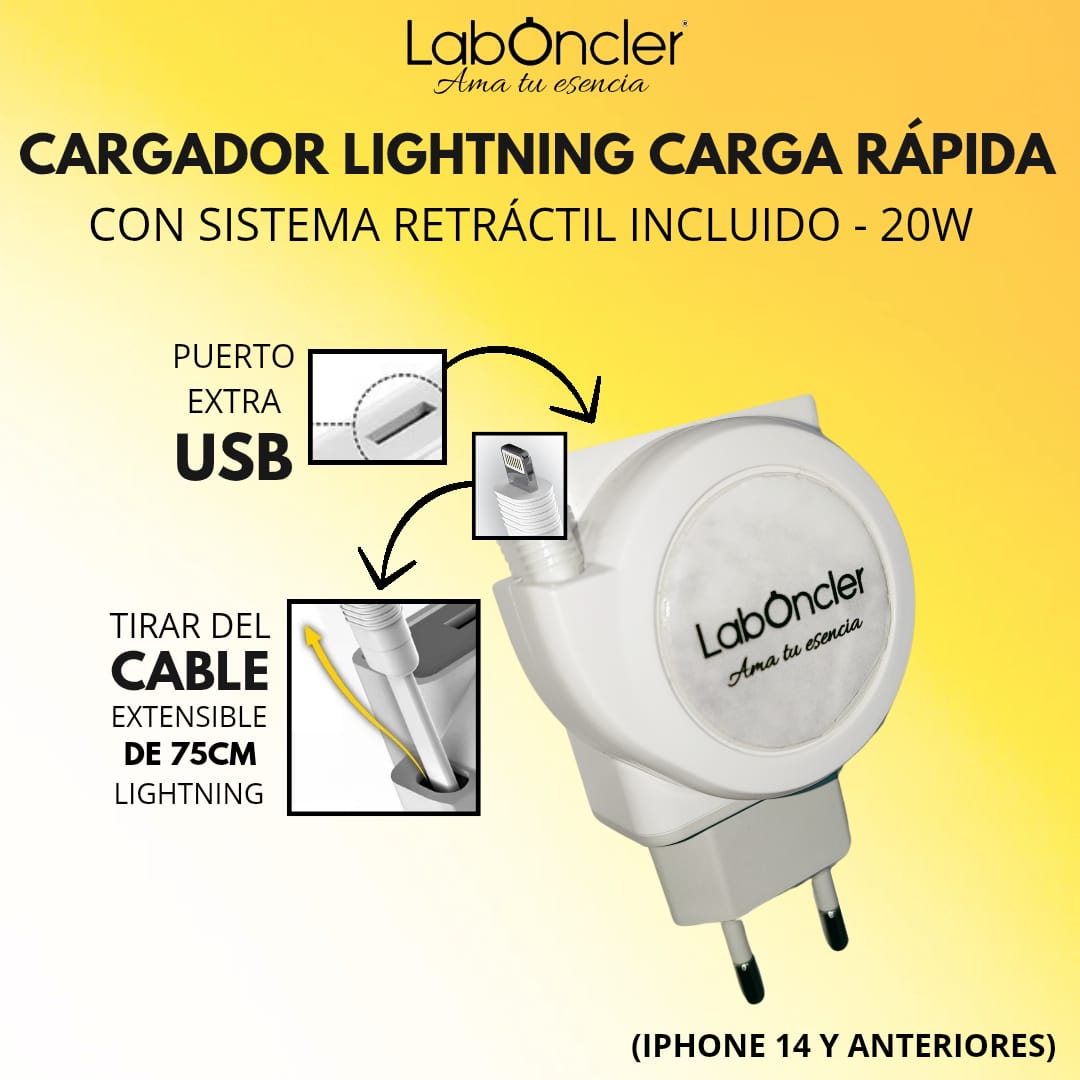 CARGADOR ULTRA RAPIDO 20W ENROLLABLE PARA IPHONE 14 Y ANTERIORES LIGHTNING