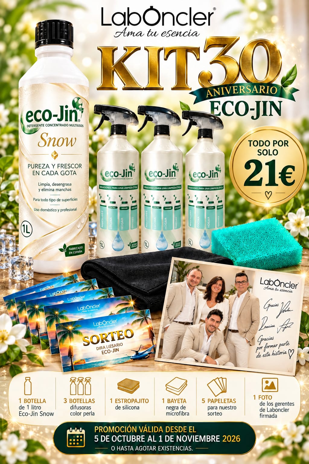 KIT 30 ANIVERSARIO ECO-JIN SNOW 1L + 3 DIFUSORES PREMIUM + 1 ESTROPAJO SILICONA + BAYETA MICROFIBRA + 5 PAPELETAS + FOTO FIRMADA POR FUNDADORES