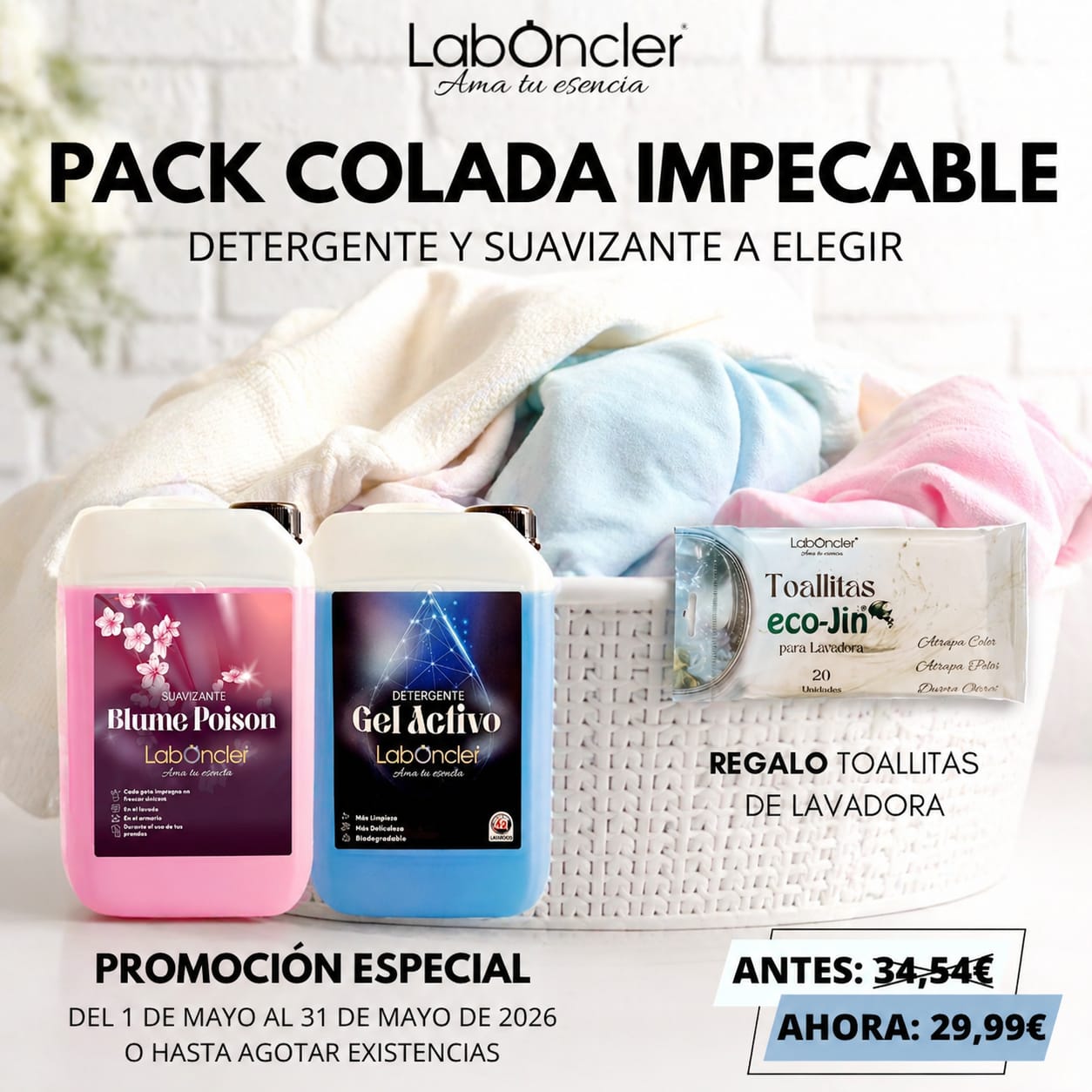 Pack Colada Implecable: Suavizante a elegir + Detergente a elegir + Nuevas Toallitas de Lavadora eco-Jin