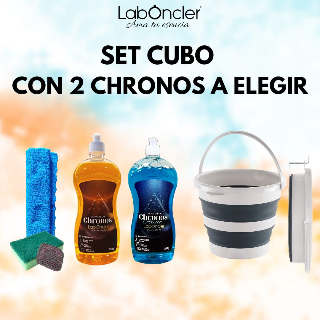 SET CUBO PLEGABLE+2 CHRONOS A ELEGIR+BAYETA MICROF.+ESTOPAJO CON ESPONJA+JABONOSO