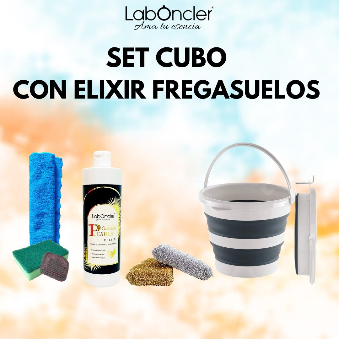 SET CUBO PLEGABLE+ELIXIR FREGASUELOS (A ELEGIR)+BAYETA MICROF.+ESTROPAJO ESPONJA+JABONOSO+ 2 ESPONJAS ANTIRRAYADURAS