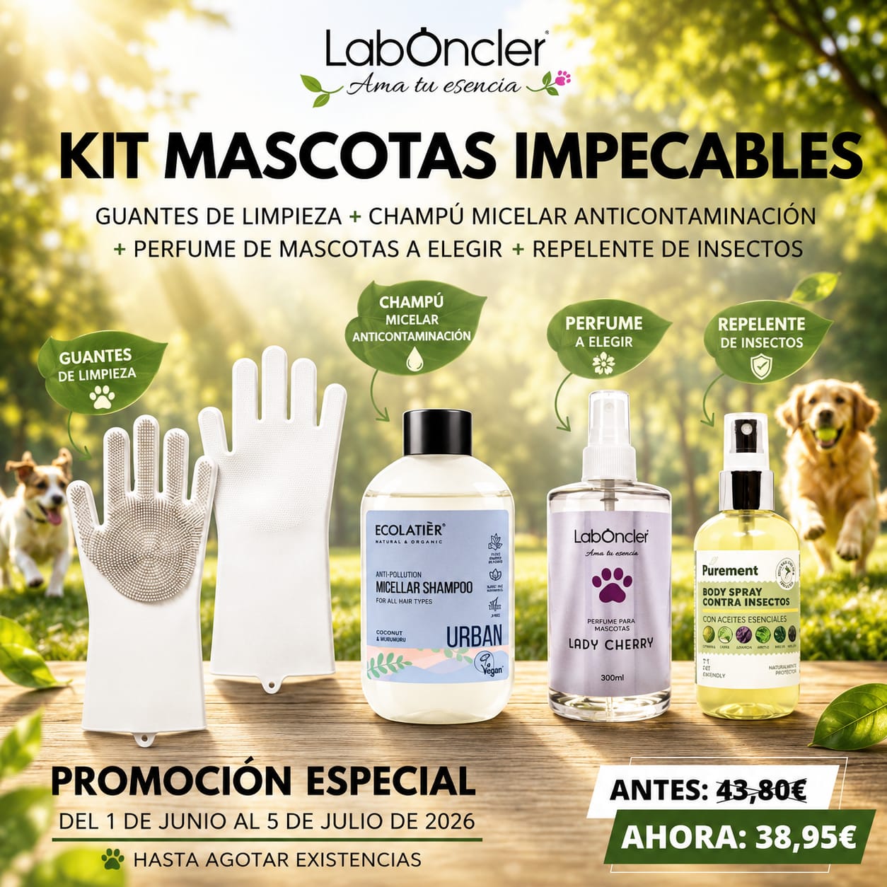 KIT MASCOTAS IMPECABLES: GUANTES DE LIMPIEZA + CHAMPÚ MICELAR ANTICONTAMINACIÓN + PERFUME DE MASCOTAS A ELEGIR + REPELENTE DE INSECTOS
