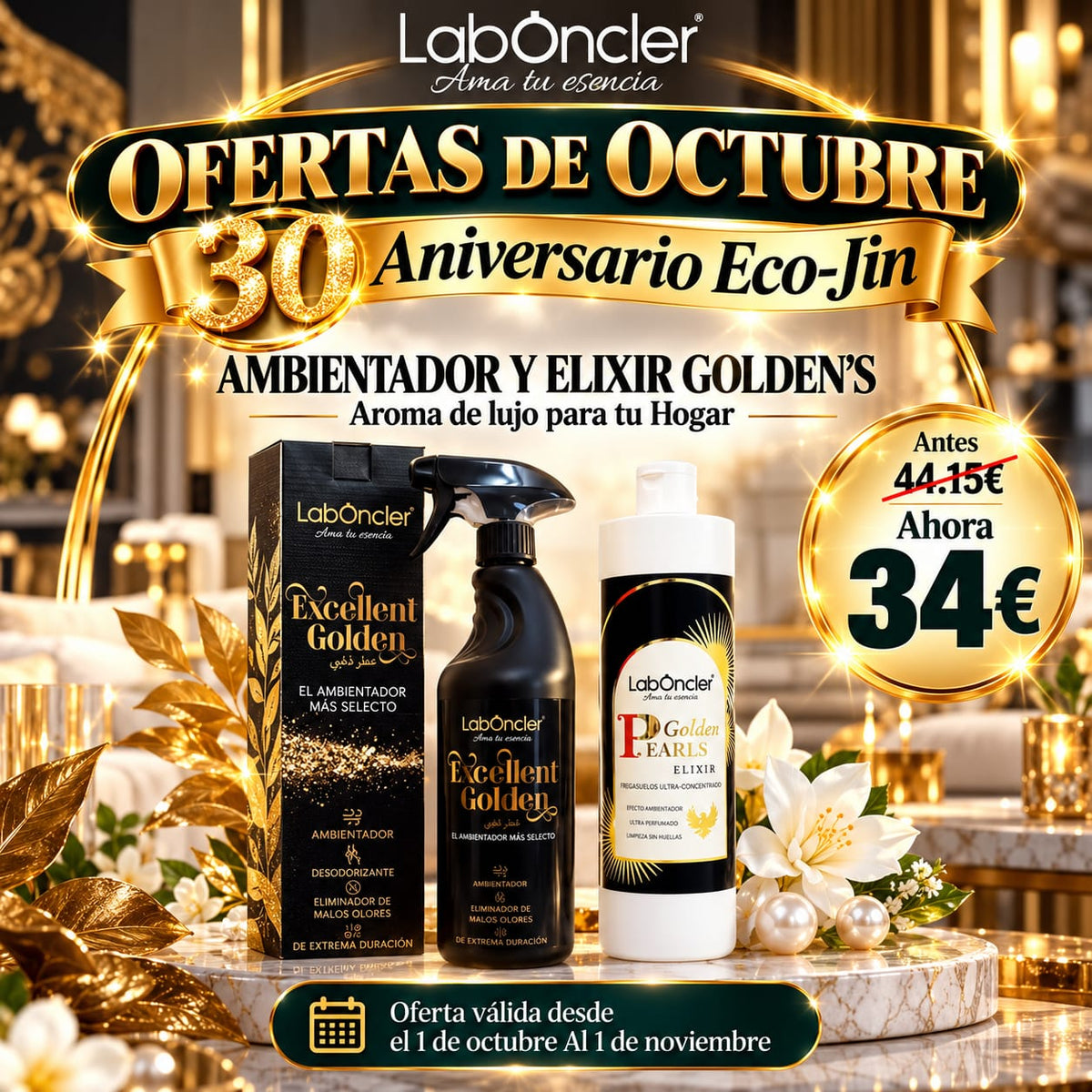 Pack Limpieza Aromática: FREGASUELOS ELIXIR GOLDEN + AMBIENTADOR GOLDEN