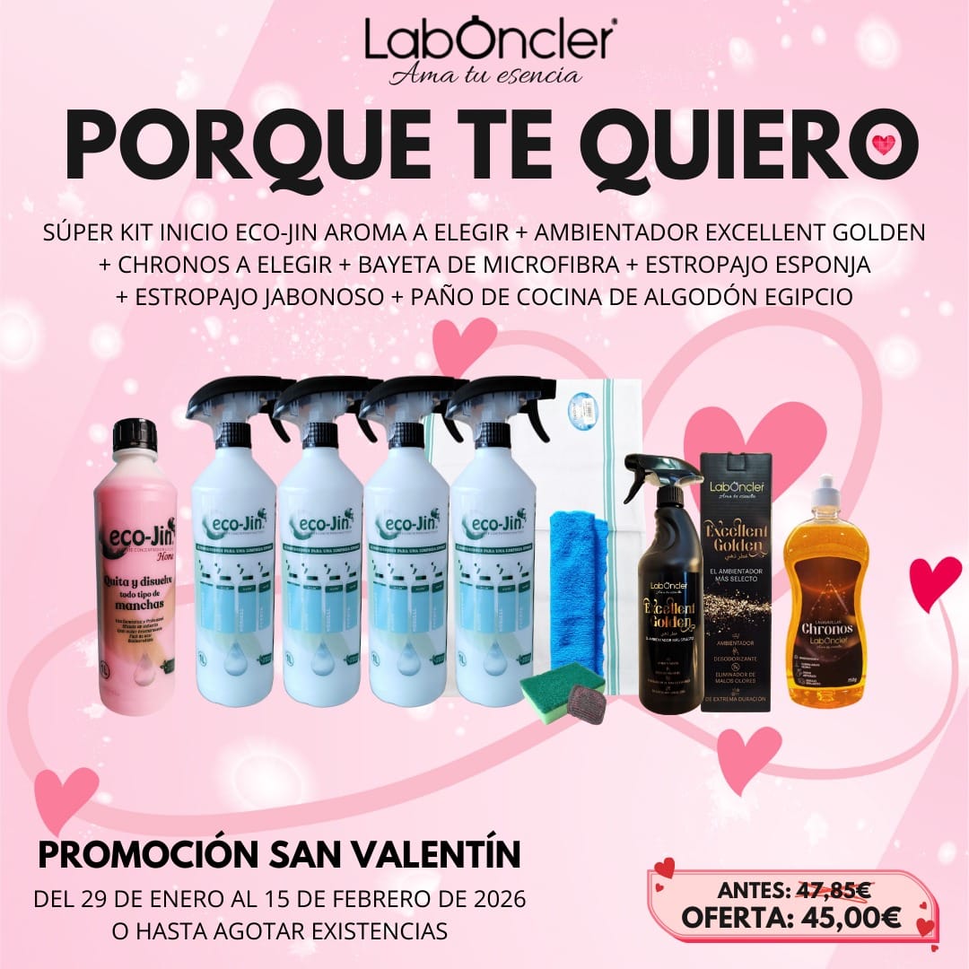 PACK SAN VALENTÍN - TE QUIERO | SUPER KIT INICIO ECO-JIN AROMA A ELEGIR + AMBIENTADOR EXCELLENT GOLDEN + CHRONOS A ELEGIR + BAYETA DE MICROFIBRA + ESTROPAJO ESPONJA + ESTROPAJO JABONOSO + PAÑO DE COCINA ALGODÓN EGIPCIO