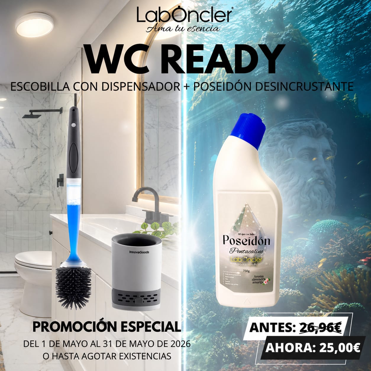 PACK WC READY: ESCOBILLA VIRAL CON DISPENSADOR + POSEIDÓN