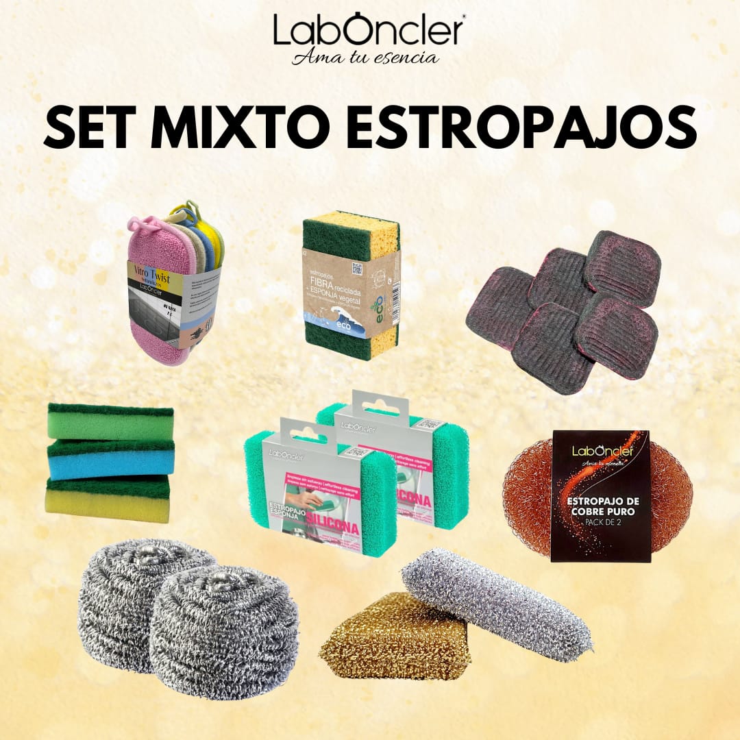 SET MIXTO DE ESTROPAJOS: COBRE (2)-ESPONJA (3)-JABONOSO (5)-BIG INOX (2)-FIBRA (2)-SILICONA (2)-ANTIRAYADURA (2)-VITRO TWIST(5)