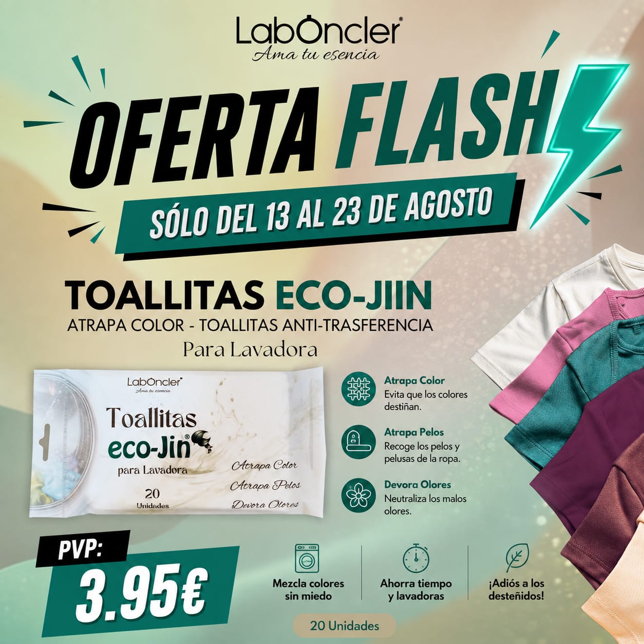OFERTA FLASH: Toallitas Eco-Jin — Atrapa Color para Lavadora 20 Unidades · Fibras 100% Naturales