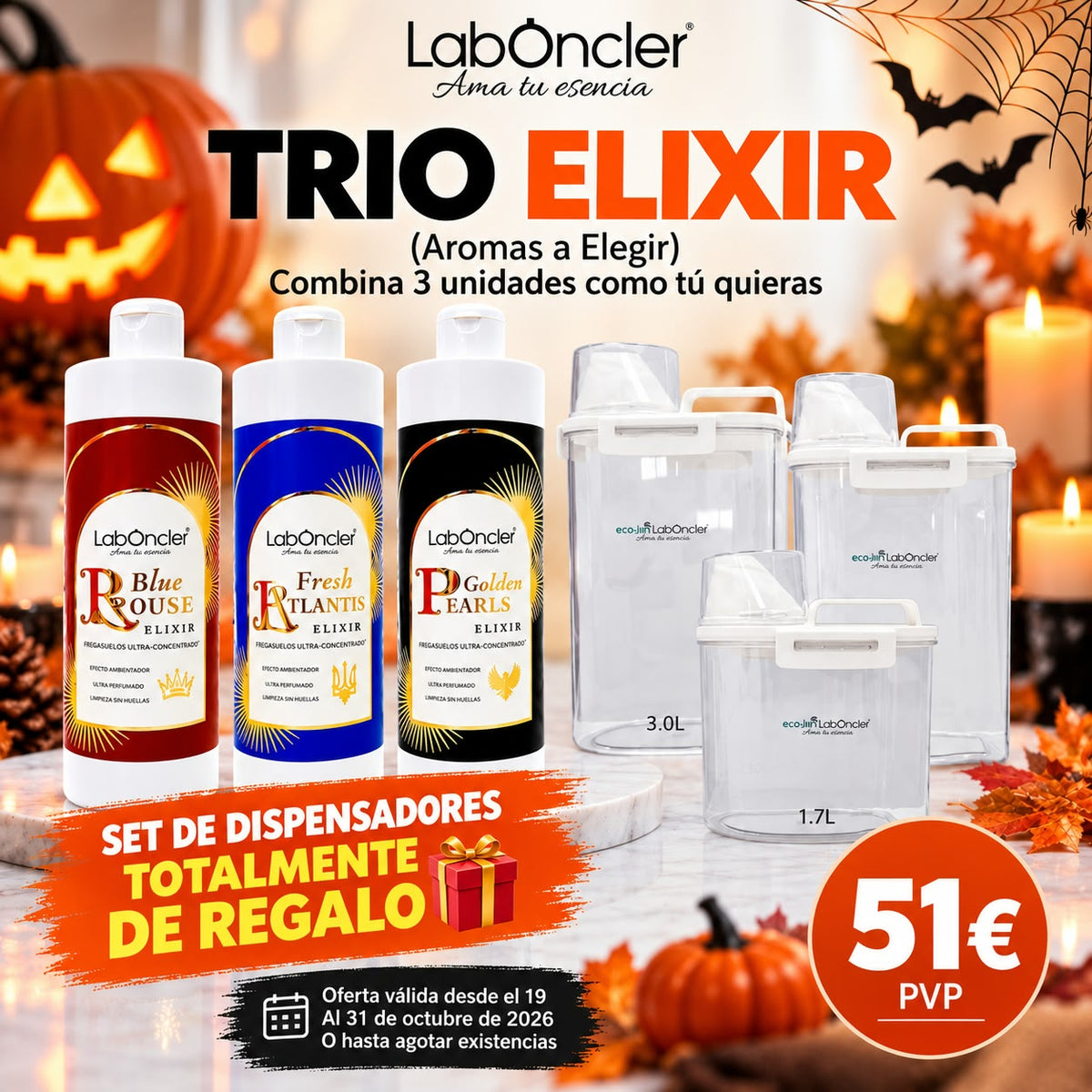 🎃 HALLOWEEN LABONCLER: TRIO FREGASUELOS ELIXIR A ELEGIR + SET DE DISPENSADORES DE REGALO
