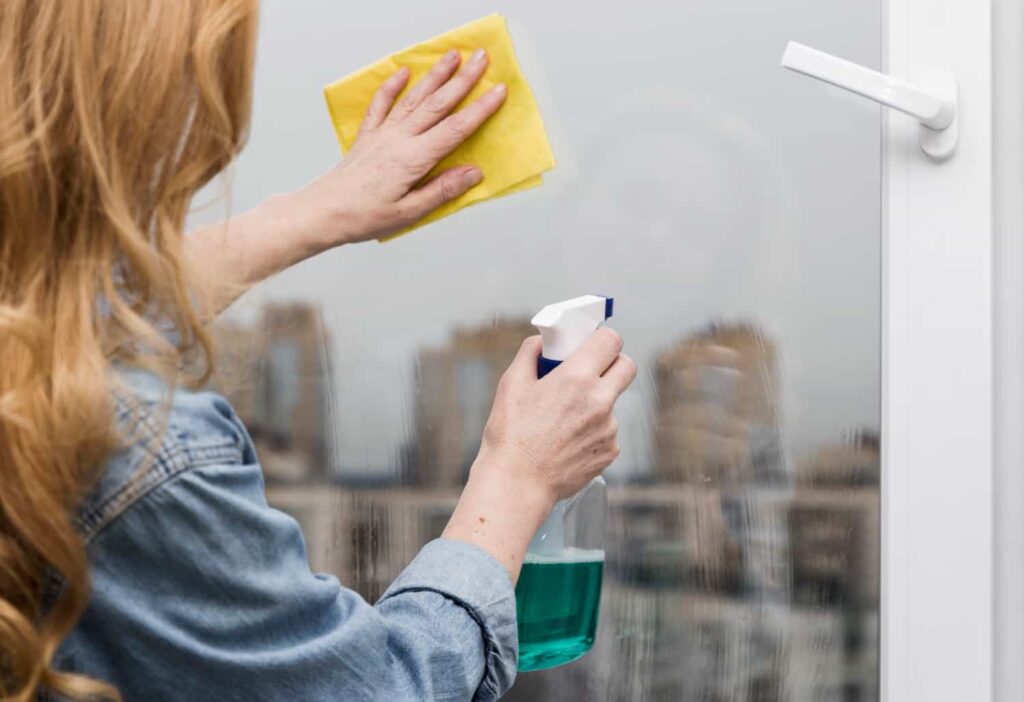 Persona realizando limpieza profesional de ventanas